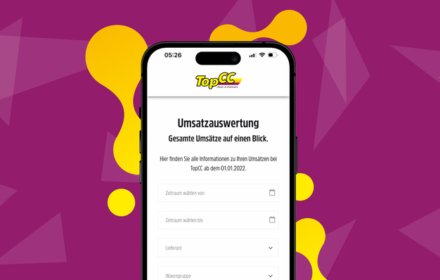 Ein Handy vor violettem Hintergrund und umgeben von orangenen Bubbles, das die neue Seite der Umsatzauswertung des Kundenportals der TopCC -Seite zeigt