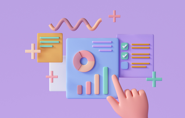 Ein animiertes Bild, bei dem eine Hand eine Lupe hochhält um eine Website besser zu untersuchen, daneben schweben ein Diagramm, eine Glühbirne und ein Textfeld