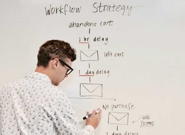 Ein Marketing Spezialist zeichnet einen Newsletter-Versand Workflow.