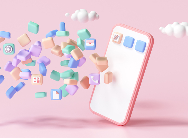 Eine 3D Illustration zeigt schwebende mobile Anwendungen, die sich auf das Smartphone bewegen.