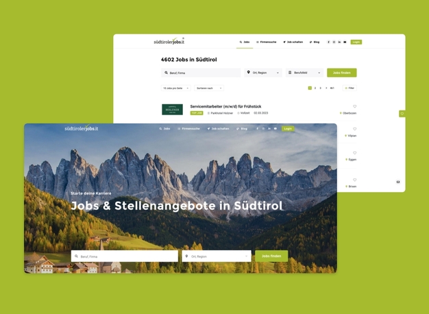 Die Webseite von Südtirolerjobs.it mit einem Blog und Stellenangeboten