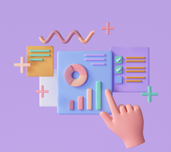 Ein animiertes Bild, bei dem eine Hand eine Lupe hochhält um eine Website besser zu untersuchen, daneben schweben ein Diagramm, eine Glühbirne und ein Textfeld