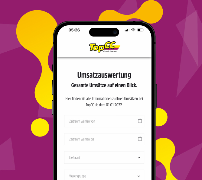 Ein Handy vor violettem Hintergrund und umgeben von orangenen Bubbles, das die neue Seite der Umsatzauswertung des Kundenportals der TopCC -Seite zeigt