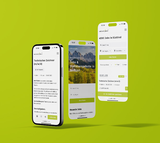 Screenshots vom dem Filter der Jobangebote, der Auflistung der Jobangebote und einem Job-Detail bei Südtirolerjobs.it